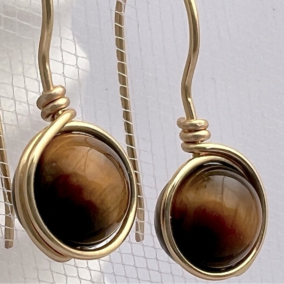 TIGERS Eye Gold Wire Wrapped Minimalist Earrings - Picture 3 of 13